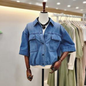 [비지트인뉴욕]배색카라반팔 데님 뒷스트링 데님자켓 VB4DJ41_US