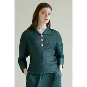 [요이츠]브이넥 오픈카라 플리츠 블라우스 다크그린_YJ08WNPBL06