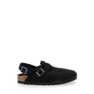 BIRKENSTOCK Tokio Black Mules with Engraved Logo in Suede and Shearling Woman 1028328BLACK