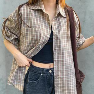 [다잇템]여성 빅사이즈 키치무드 격자 폴리 셔츠
