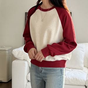 샵앤) 국산 여성 라운드 배색 나그랑 세미크롭 긴팔 맨투맨 LL-WSH-4841-버건디