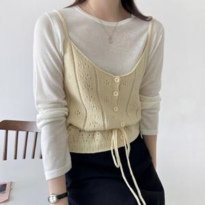 샵앤) 여성 끈나시 펀칭 레이어드 뷔스티에 니트 조끼 NYS-WVS-4795-크림