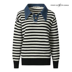 나인식스뉴욕  데님 버튼 카라넥 스트라이프 니트 (NP9KP009M0)