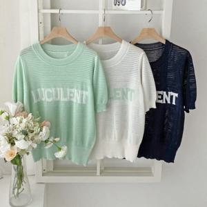 [다잇템][다잇템] 여성 비스코스 반소매 시보리 필기체 펀칭 니