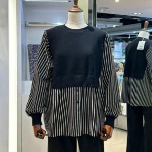 아날도바시니 DP02 라운드니트패치 시보리 롱 티블라우스 AY09BL09S