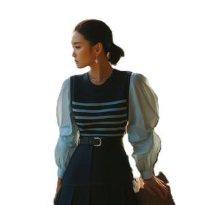 [금찌]금찌 블룸 단가라 니트배색 블라우스 ST7777B