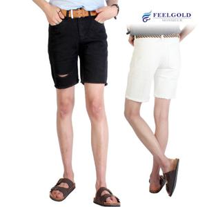 [필골드] HT8037 밑단 데미지 트월 데님 5부 팬츠