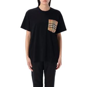 버버리 체크 패턴 리브 크루넥 코튼 티셔츠 25P8103970 A1189