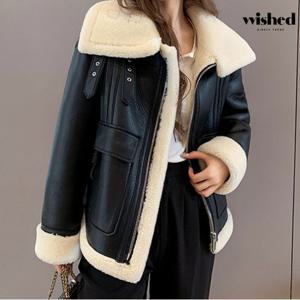 버클 하이넥 오버핏 레더 무스탕 자켓 (WIADJK019)