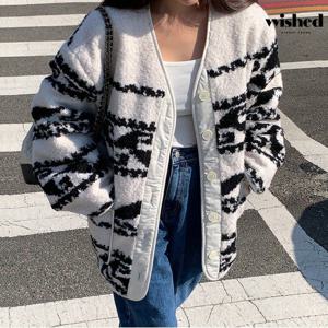 브이넥 루즈핏 뽀글이 패턴 포인트 긴팔 자켓 (WIADJK027)