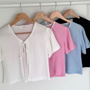 리본 307P703S 의류 빅사이즈 크롭 가디건 오픈