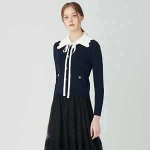 [SATIN] 배색 카라 니트 리본 가디건 O241T902