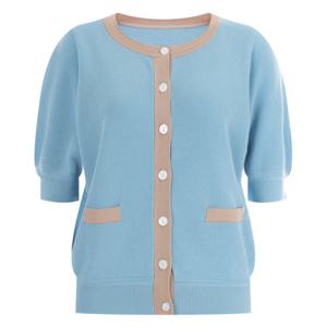 샵앤) 배색 여성 린넨 반팔 니트 가디건 FRB-WCD-11972-D블루