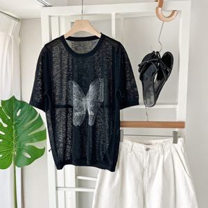 샵앤) 나비 여성 라운드 5부 반팔 니트티셔츠 DGB-WKN-3429-블랙