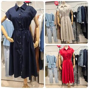 오프리미츠 HC26 추가가격인하  카라넥 린넨캡소매 오픈 롱 세미캐주얼 원피스 M24op1601