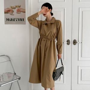 샵앤) 끈조절 카라 지퍼 플레어 롱 원피스 CAT-WDR-3833-그린