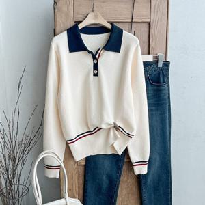 샵앤) 여성 배색 카라 반오픈 니트 티셔츠 JR-WKN-3899-아이보리