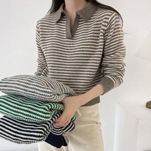 샵앤) 국산 여성 카라 단가라 니트 티 21DS-WKN-3999-네이비