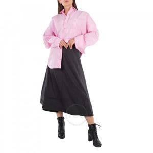 발렌시아가 여성용 그레이/레드 핀스트라이프 패턴 미디 울 스커트 768732 TPT05 1360