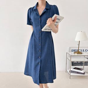 샵앤) 여성 테이퍼드 카라넥 정장 오피스룩 앞단추 뒷리본 미디 원피스 21DS-WDR-4390-블루