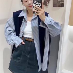 샵앤) 여성 카라넥 스트라이프 오버핏 간절기 블라우스 셔츠 SML-WBL-12126-블루-z