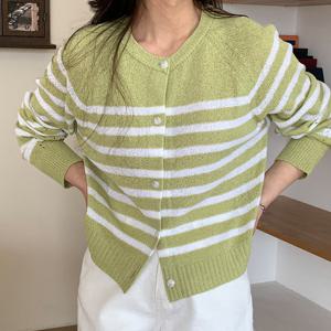 샵앤) 국산 여성 라운드넥 단가라 나그랑 긴팔 단추 가디건 21DS-WCD-4378-네이비