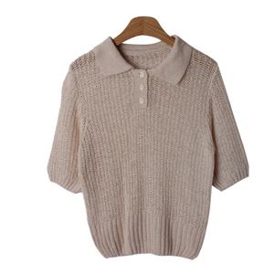 샵앤) 국산 여성 카라넥 반오픈 단추 데일리 반팔 니트 티셔츠 JLE-WKN-4427-베이지
