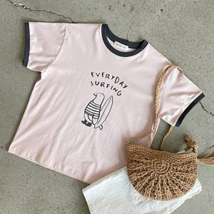 샵앤) 국산 여성 배색 라운드넥 서핑 여름 반팔 티셔츠 FJ-WSH-4536-핑크