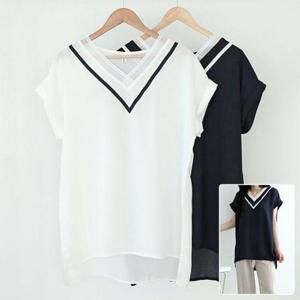 블라우스 브라우스 셔츠 빅사이즈 쉬폰 브이넥 배색 304E093S 50