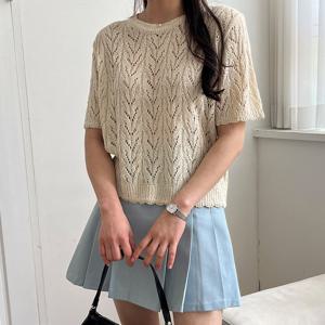 샵앤) 국산 여성 라운드넥 뜨개 그물 펀칭 반팔 니트티 21DS-WKN-4615-퍼플