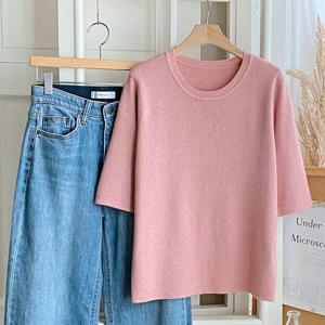 샵앤) 여성 라운드 심플 무지 기본 반팔 니트 티셔츠 DGB-WKN-4728-핑크