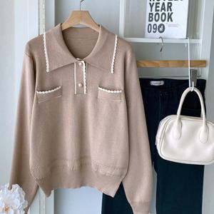 샵앤) 여성 물결 배색 카라넥 반오픈 긴팔 니트티 BONG-WKN-4758-베이지