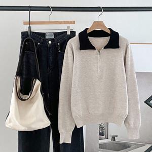 샵앤) 여성 배색 카라넥 반집업 긴팔 니트 티셔츠 DGB-WKN-4767-베이지