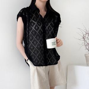 샵앤) 여성 펀칭 다이아 시스루 레이어드 카라 블라우스 NYS-WBL-4695-블랙