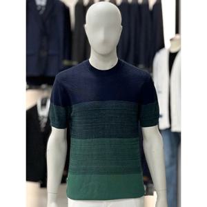 [바쏘옴므]네이비_그라이데이션 와플 라운드 반팔 니트 WSY2WR32