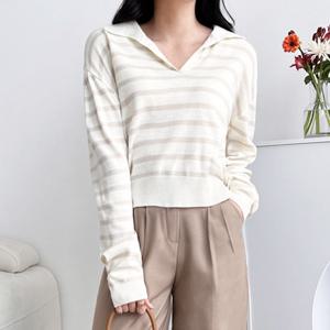 샵앤) 여성 국산 여유핏 데일리 카라 단가라 니트티셔츠 WDM-WKN-2LCBB1009