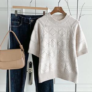 샵앤) 여성 라운드 다이아엠보 나그랑 반팔 니트티 BONG-WKN-4817-오트밀