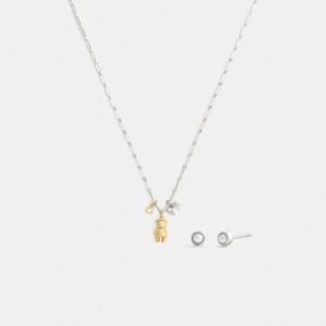 코치 테디 베어와 리본 귀걸이 및 목걸이 세트 CCU46-A31 골드/실버