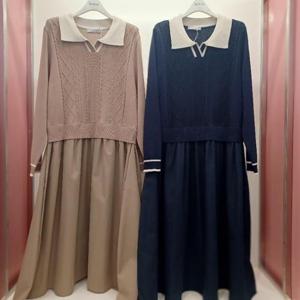 Latium HC06 깔끔한 꽈배기 카라니트 플레어 플리츠 세미 정장 롱원피스 T2541op01