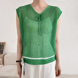 샵앤) 리본 크로셰 국산 여성 니트 조끼 21DS-WVS-3426-블랙