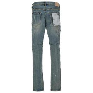 PURPLE BRAND 라이트 블루 5포켓 스키니 진 페인트 얼룩이 있는 코튼 데님 맨 P001LIA