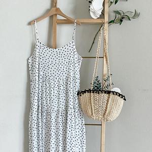 샵앤) 여성 바캉스룩 끈나시 3단캉캉 잔무늬 롱 원피스 BONG-WDR-4652-아이보리