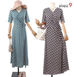 [쉬즈넘버나인]라이브 나염 롱 랩원피스