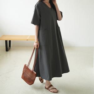 [하늘바라기]브이 바스락 A라인 롱 원피스