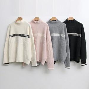 [옷자락]여자 줄무늬 폴라 스웨터 캐쥬얼 꽈배기 레이어드 티셔