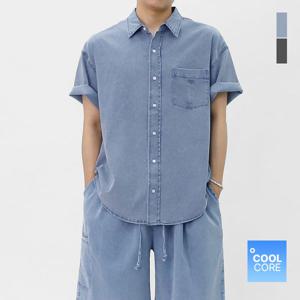 [스콰즈]스콰즈 남자 아이스 냉감 스판 반팔 데님셔츠 SYHT005
