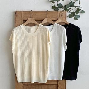 [다잇템][다잇템] 여성 피셔맨 반소매 비스코스 꽈배기 U넥 니트