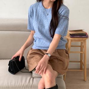 샵앤) 국산 여성 라운드 꽈배기 반팔 니트티 21DS-WKN-4883-그레이