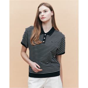 헤지스 여성 25SS 릴랙스핏 스트라이프 반소매피케 티셔츠 블랙 HSTS5BC34BK