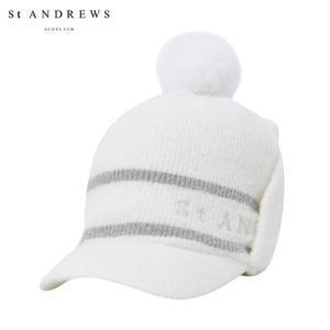 [세인트앤드류스] 여성 배색 라인 폼폼 이어워머 니트캡 821E4CP092_WH